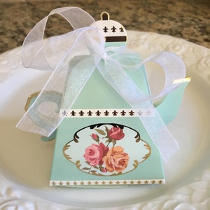 Ensemble de 24 boîtes de faveur de théière, thème de Tiffany, aqua, floral, or, printemps, thé, cadeau, faveur, boîte de bonbons, douche nuptiale, thème