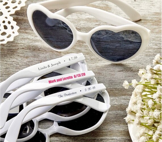 26 Pairs of Personalized Heart Shaped Sunglasses White Screen Printed Tropical Wedding Favor Beach Theme Wedding Favors Bachelorette Etsy