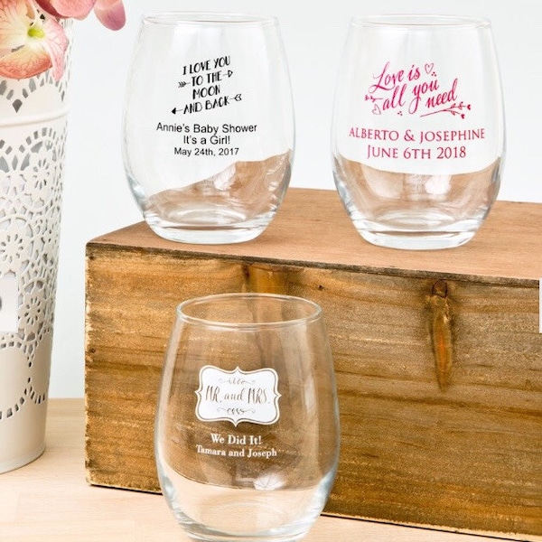 Set of 24 personalized stemless 9 oz. wine glasses, screen printed, choose your color, 9 ounce, wedding reception glassware, monogram