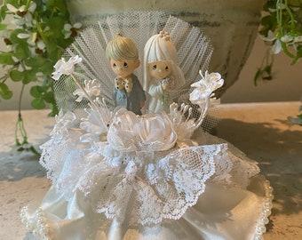 5”  Precious Moments bride and groom cake topper, ceramic, vintage style cake top, pearl  embellished wedding caketop, Keepsake Statue