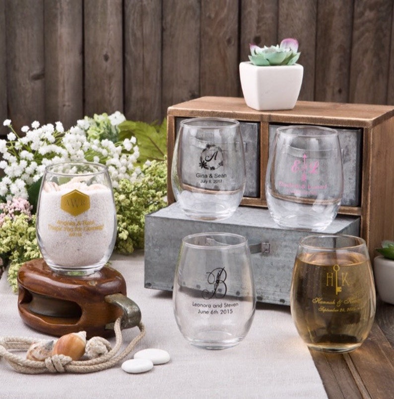 monogram wedding reception glassware Set of 24 personalized stemless 9 oz choose your color wine glasses 9 ounce screen printed