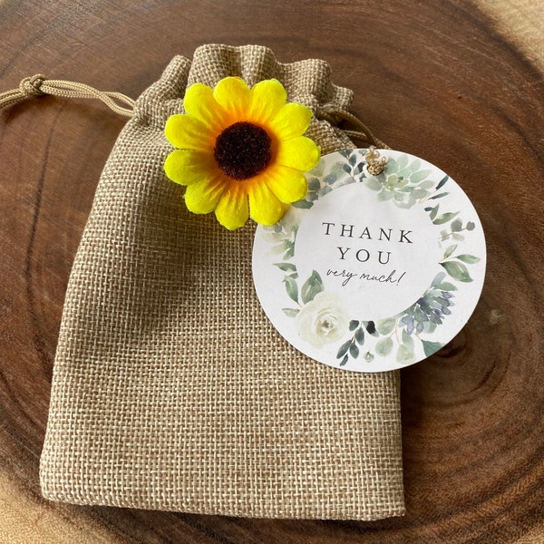 25 diy burlap bags, sunflower, rose, favor tag, candy bag, drawstring bag, wedding, shower, barn wedding favor