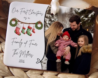 Family of Four Photo Ornament, Personalized First Christmas as a Family of 4 Christmas Ornament