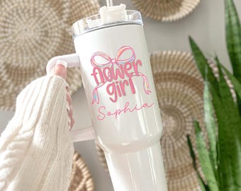 Personalized Flower Girl 40 oz Tumbler, Preppy Coquette Bow Flower Girl Cup, Wedding Party Gift, Flower Girl Proposal, Jr Bridesmaid Gift