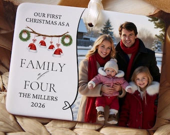 Family of Four Photo Ornament, Personalized First Christmas as a Family of 4 Christmas Ornament