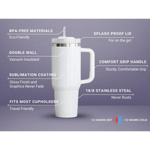 May include: A white stainless steel tumbler with a handle, straw, and lid. Text labels highlight features: BPA-FREE MATERIALS, SPLASH PROOF LID, DOUBLE WALL, COMFORT GRIP HANDLE, SUBLIMATION COATING, 18/8 STAINLESS STEAL, FITS MOST CUPHOLDERS, 12 HOURS HOT, 12 HOURS COLD.