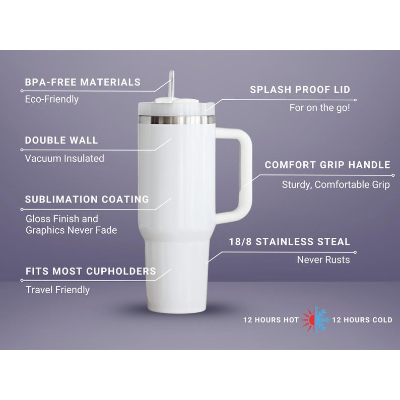 May include: A white stainless steel tumbler with a handle, straw, and lid. Text labels highlight features: BPA-FREE MATERIALS, SPLASH PROOF LID, DOUBLE WALL, COMFORT GRIP HANDLE, SUBLIMATION COATING, 18/8 STAINLESS STEAL, FITS MOST CUPHOLDERS, 12 HOURS HOT, 12 HOURS COLD.