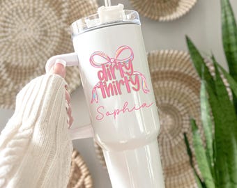 Personalized Dirty Thirty 40 oz Tumbler, Custom 30th Birthday Trip Tumbler, Preppy Coquette Bow Bday Party Cup