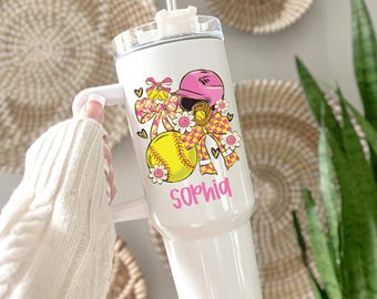 Softball Coquette 40 oz Tumbler, Personalized Gift for Softball Player, Softball Mom Water Bottle, Custom Game Day Cup