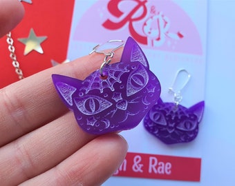 Purple Acrylic Cat Earrings: Laser-Cut Witchy Jewelry