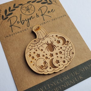 pumpkin pin badge wooden brooch for Halloween Birthday or Christmas gift for spooky season present