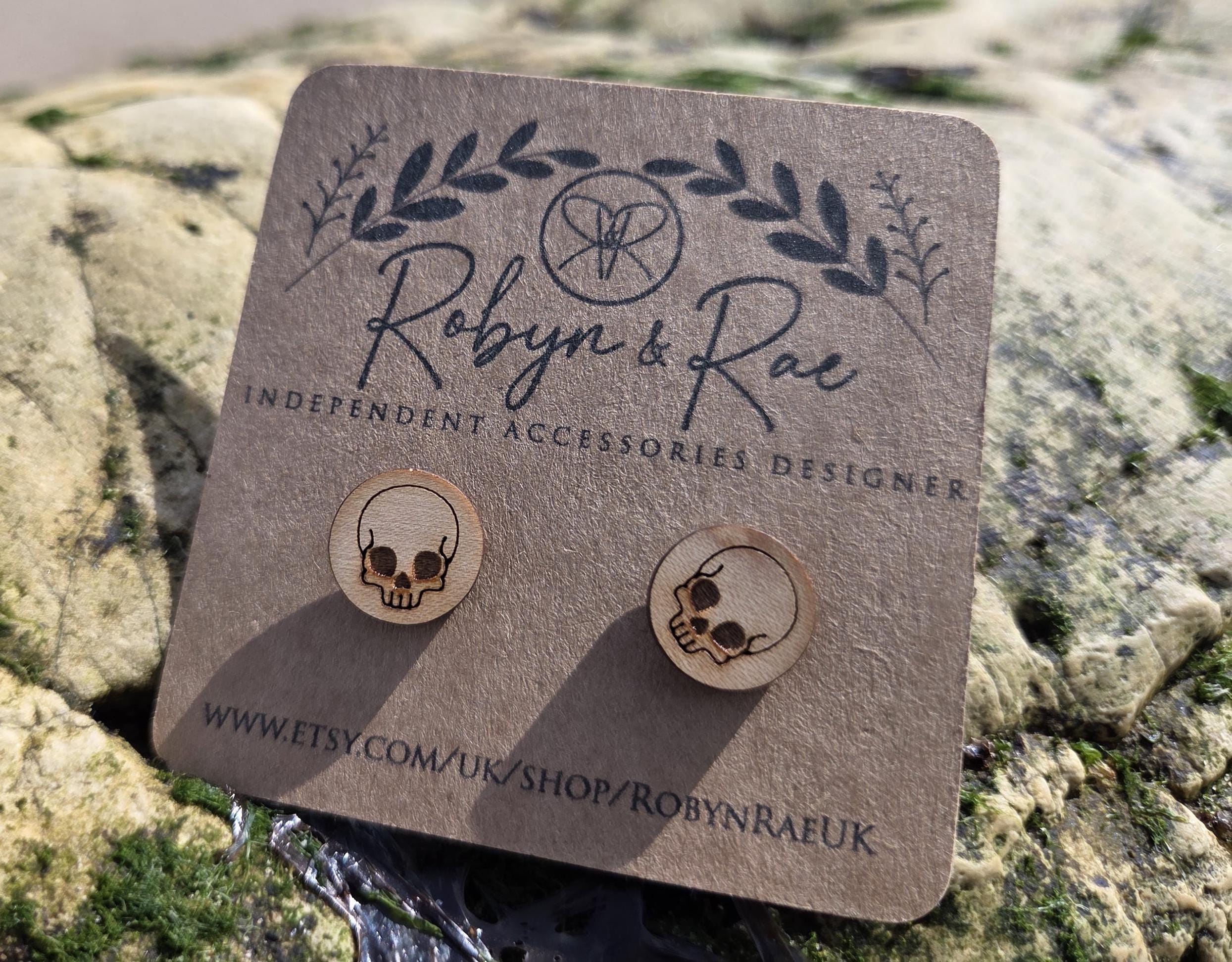 Small Maple Wood Skull Stud Earrings: Goth Jewelry