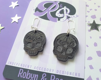 Black Glitter Skull Earrings: Laser Cut Acrylic Gothic Jewelry