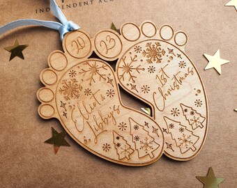 Personalized Twins First Christmas Ornament 2025: Engraved Maple Wood Baby Feet