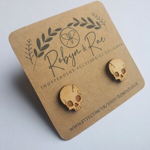 wooden skull stud earrings, small skull earrings, gothic jewellery, wooden jewellery, skull gifts, stocking filler, gift for friend