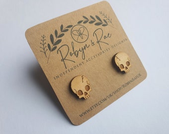 Maple Wood Skull Stud Earrings: Gothic Jewelry