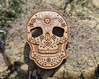 Laser Etched Maple Wood Sugar Skull Brooch Pin