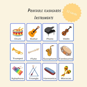 Può includere: Un set di flashcard stampabili con illustrazioni di strumenti musicali. Le carte includono batteria, chitarra, pianoforte, violino, tromba, flauto, sassofono, tamburello, xilofono, triangolo, armonica e maracas. Il testo recita "Printable Flashcards Instruments".