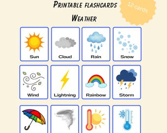 Tarjetas de memoria sobre el clima para niños / 12 tarjetas imprimibles sobre el clima / Aprendizaje para preescolares y niños pequeños