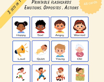 Bundel met flashcards voor kleuters | Emoties, tegenstellingen en acties | 48 afdrukbare leerkaarten