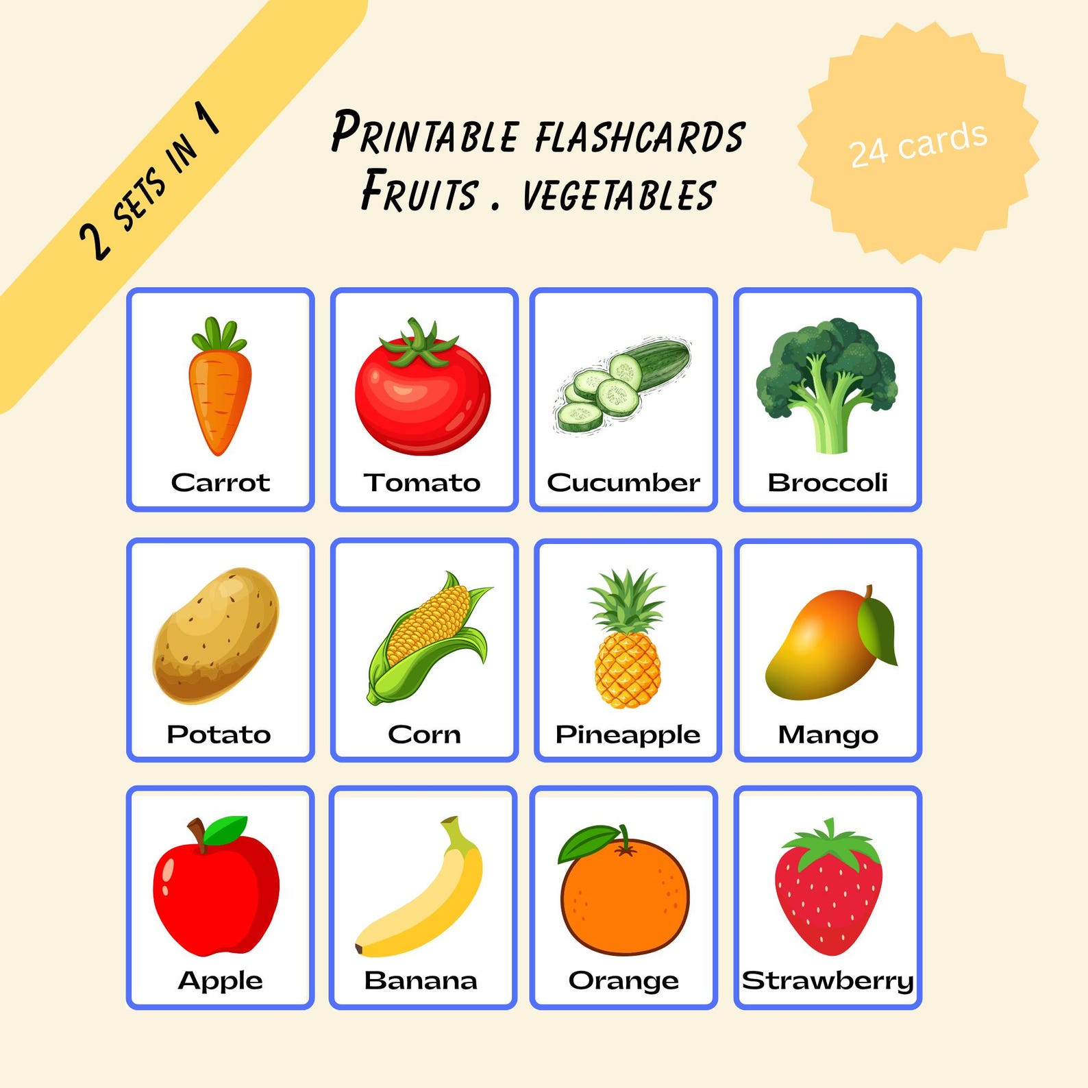 Fruits and Vegetables Flashcards Bundle | 24 Printable Food Cards ...