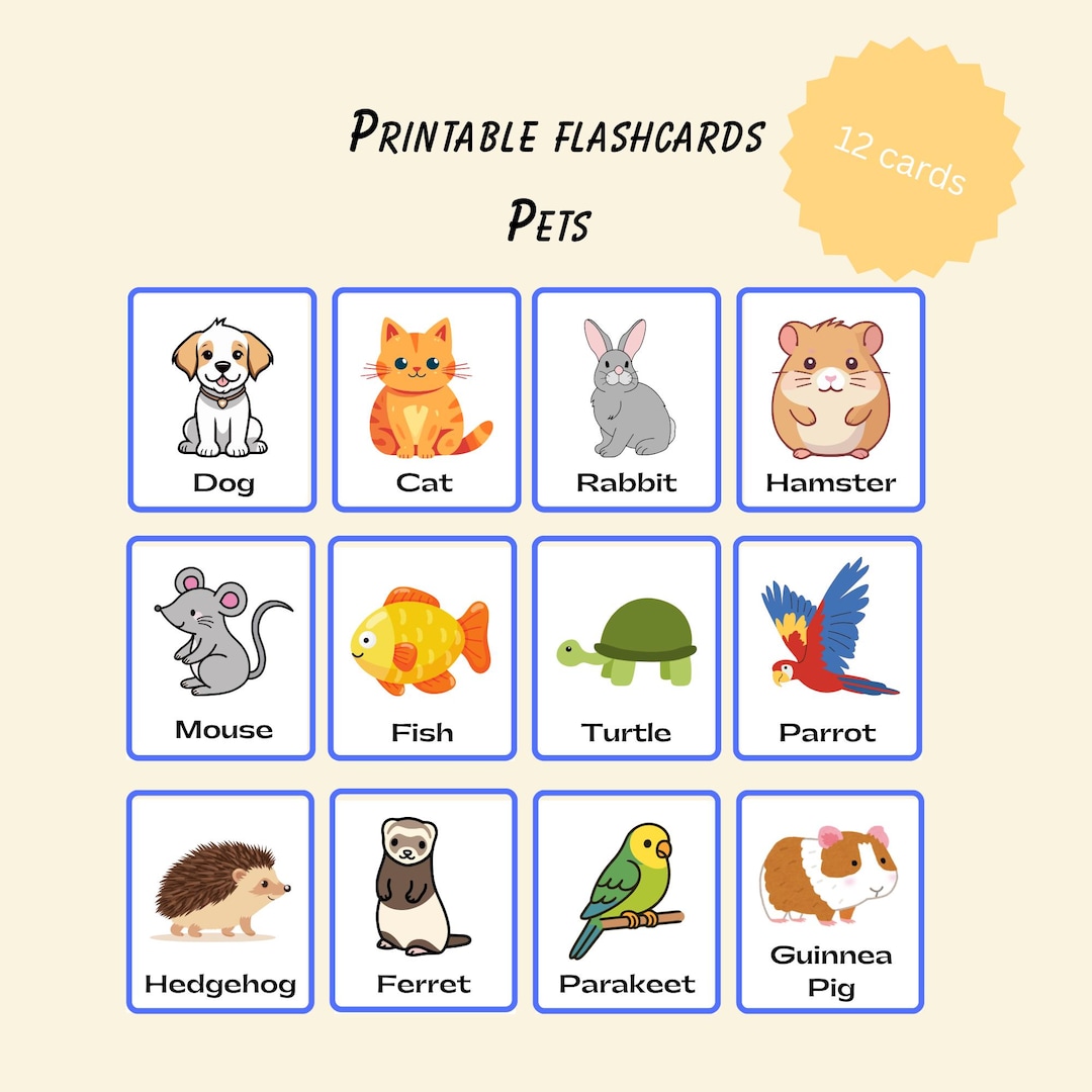 Pets Flashcards Printable | 12 Animal Cards for Kids | Preschool ...