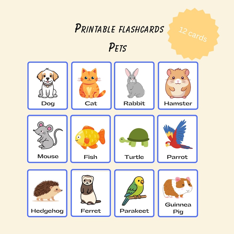 Pets Flashcards Printable | 12 Animal Cards for Kids | Preschool ...