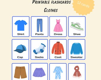 May include: A set of 12 printable flashcards featuring clothing items. Each card displays a colorful illustration of an article of clothing, such as a shirt, pants, dress, shoe, cap, socks, coat, sweater, shorts, skirt, pajamas, and scarf.
