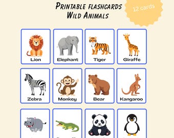 Wild Animals Flashcards Printable | 12 Animal Cards for Kids | Preschool & Toddler Learning | Instant Download