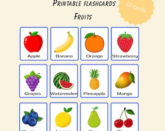 Flashcards de frutas para crianças – 12 frutas para imprimir – Cartões de aprendizagem para pré-escola e bebês