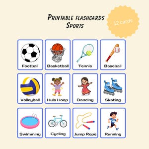 Puede incluir: Un conjunto de 12 tarjetas didácticas de deportes con ilustraciones de equipos y actividades deportivas, incluyendo fútbol, baloncesto, tenis, béisbol, voleibol, hula hoop, baile, patinaje, natación, ciclismo, cuerda para saltar y correr. El texto "Printable Flashcards Sports" está en la parte superior.