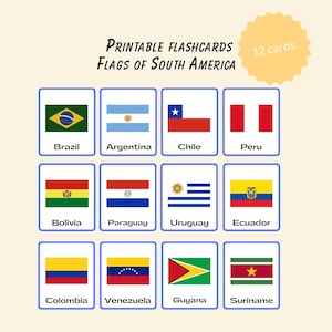Puede incluir: Un conjunto de 12 tarjetas didácticas con las banderas de los países de América del Sur. Cada tarjeta muestra una bandera diferente con el nombre del país debajo. Las tarjetas están dispuestas en una cuadrícula sobre un fondo crema, con el texto "PRINTABLE FLASHCARDS FLAGS OF SOUTH AMERICA" en la parte superior.