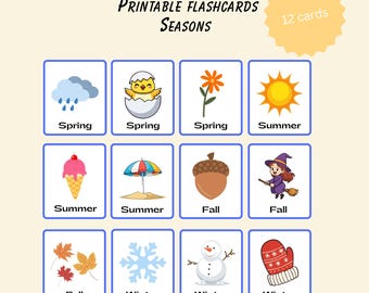 Seasons Flashcards Printable | 12 Seasonal Learning Cards for Kids | Preschool and Toddler Education
