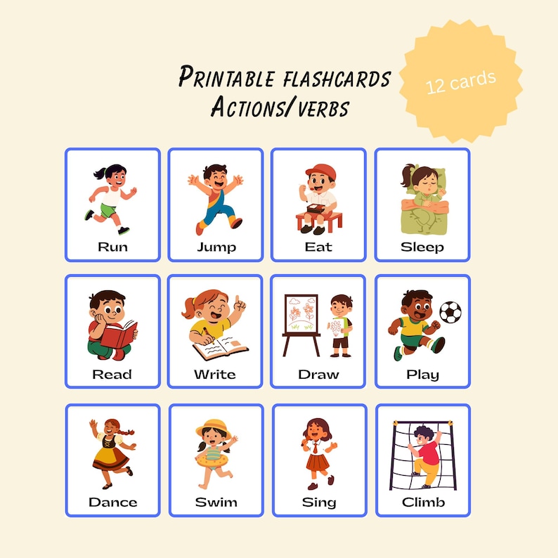 Actions & Verbs Flashcards | 12 Printable Cards for Kids | PDF Download ...