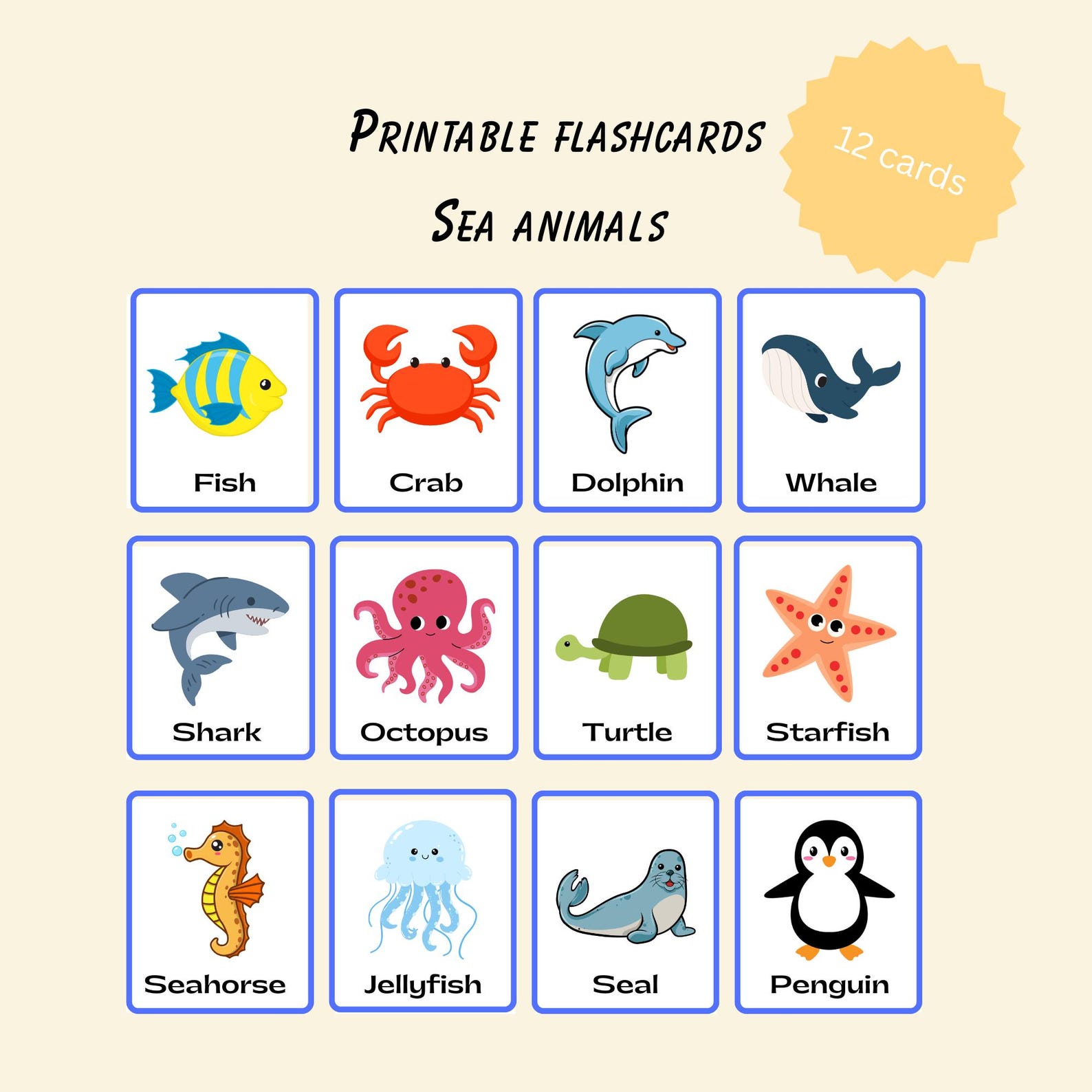 Sea Animals Flashcards for Kids – 12 Printable Ocean Animal Cards ...