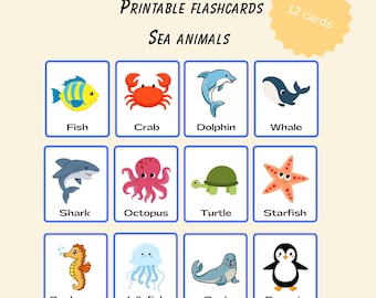 Sea Animals Flashcards for Kids – 12 Printable Ocean Animal Cards – Preschool Learning
