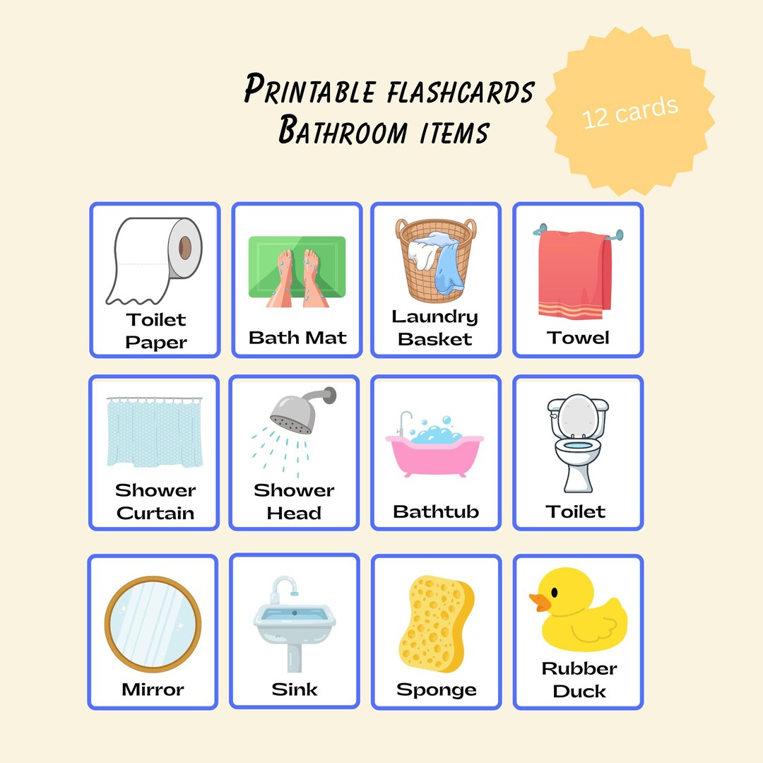 Bathroom Items Flashcards Printable Bathroom Vocabulary Digital