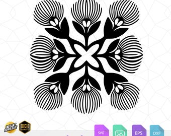 Puede incluir: Diseño floral simétrico en blanco y negro con el texto "Instant Download". El diseño presenta flores estilizadas. Incluye iconos de tipo de archivo para los formatos SVG, PNG, EPS y DXF.