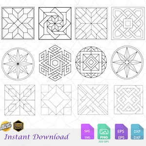 May include: A collection of black and white geometric designs, including squares, circles, and starburst patterns. The image also includes the text "Instant Download" and file type icons for SVG, PNG, EPS, and DXF formats.