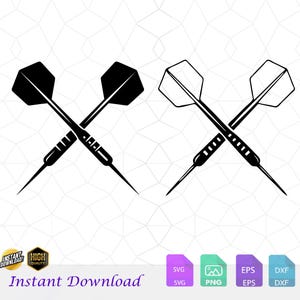 Puede incluir: Gráfico en blanco y negro de dos dardos cruzados. Los dardos tienen una punta, un mango texturizado y una pluma hexagonal. El texto "Instant Download" está en la parte inferior de la imagen.
