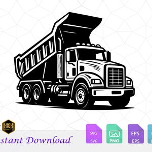 May include: Black and white illustration of a dump truck with its bed raised. The truck has a detailed design, including the cab, wheels, and bed. The words "Instant Download" are at the bottom.