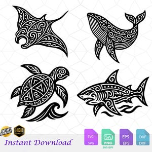 Può includere: Arte digitale in bianco e nero con una manta, una balena, una tartaruga marina e uno squalo, ognuno con intricati disegni in stile tribale. La frase "Instant Download" è in basso, insieme alle icone dei tipi di file SVG, PNG, EPS e DXF.