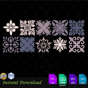 May include: A digital download graphic showing ten square floral designs in white, grey, and purple hues. The designs are set against a black backdrop, with the words "Instant Download" and file type icons. The image is labelled "High Quality".