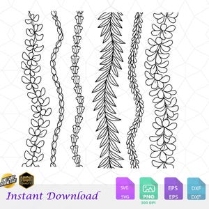 May include: Black and white line art of various plant-like border designs. The image includes several vertical patterns of leaves and floral elements. The words "Instant Download" are at the bottom, along with file type icons.