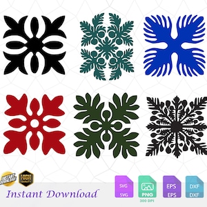 Op de afbeelding: Zes kleurrijke bloemmotieven in zwart, blauwgroen, blauw, rood, donkergroen en zwart. De afbeelding bevat de tekst "Instant Download" en pictogrammen voor SVG-, PNG-, EPS- en DXF-bestanden.