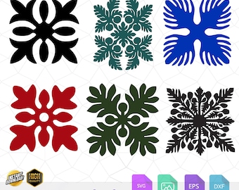 May include: A digital collection of six distinct botanical-inspired graphic designs arranged in two rows. The patterns feature symmetrical leaf and floral motifs in solid black, dark teal, blue, red, and dark green, presented as vector files.