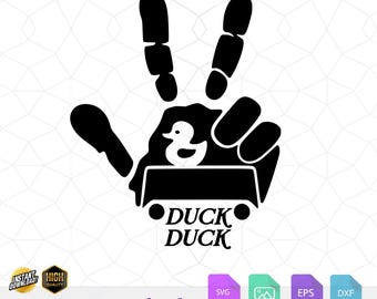 May include: Black and white graphic of a hand making the peace sign, with a duck and the words "DUCK DUCK" in a playful font. The phrase "Instant Download" is also present.