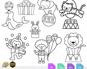 Circusdieren schetsen SVG, PNG, kinderen kleuren (bestand knippen)
