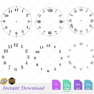 Puede incluir: Un gráfico digital con cuatro esferas de reloj, tres completas y una parcial. Las esferas del reloj son blancas con números y marcas en negro. La imagen incluye el texto "Instant Download" e iconos de tipo de archivo.