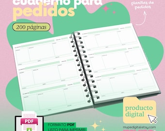 May include: An open spiral-bound notebook with a white interior and green accents. The notebook is labeled "cuaderno para pedidos" and "200 páginas". A digital product icon is shown with the text "producto digital". The notebook is designed for order tracking.